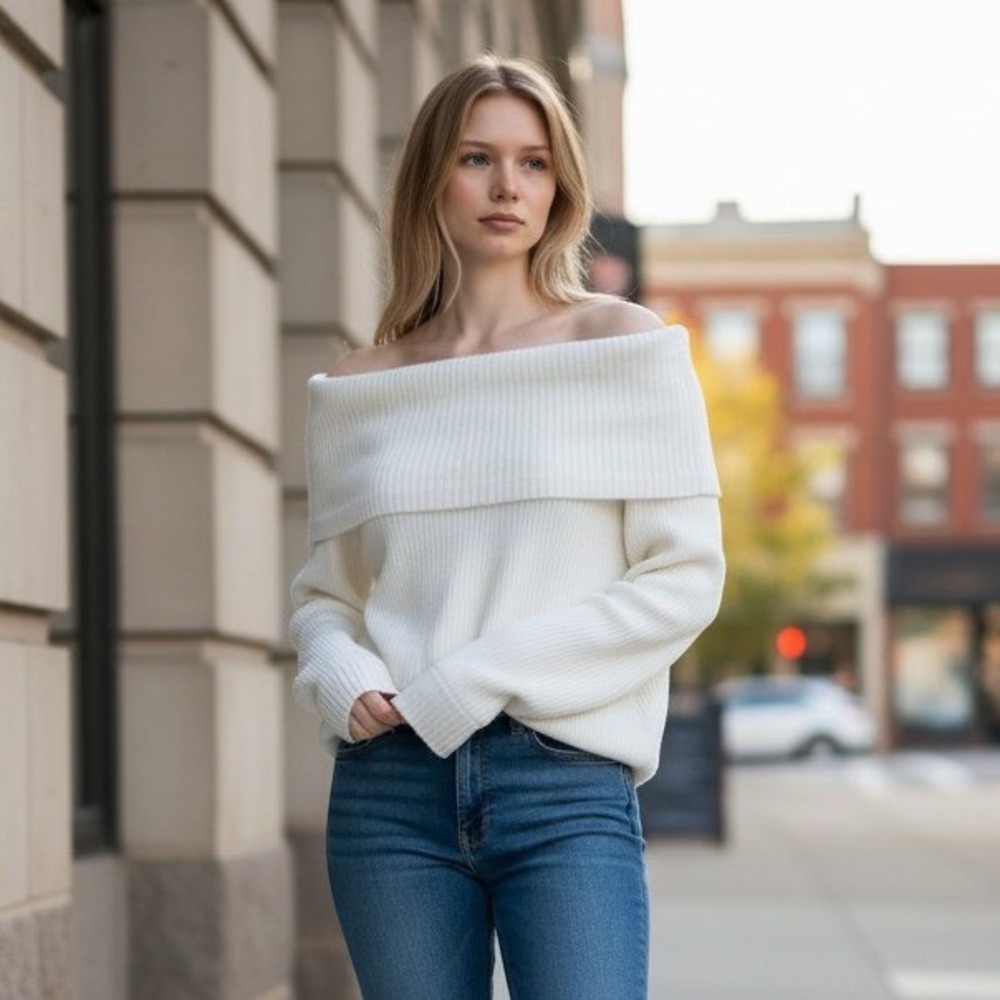 Sincerely Jules Womens XL Off The Shoulder Ribbed Knit Sweater White ST21672